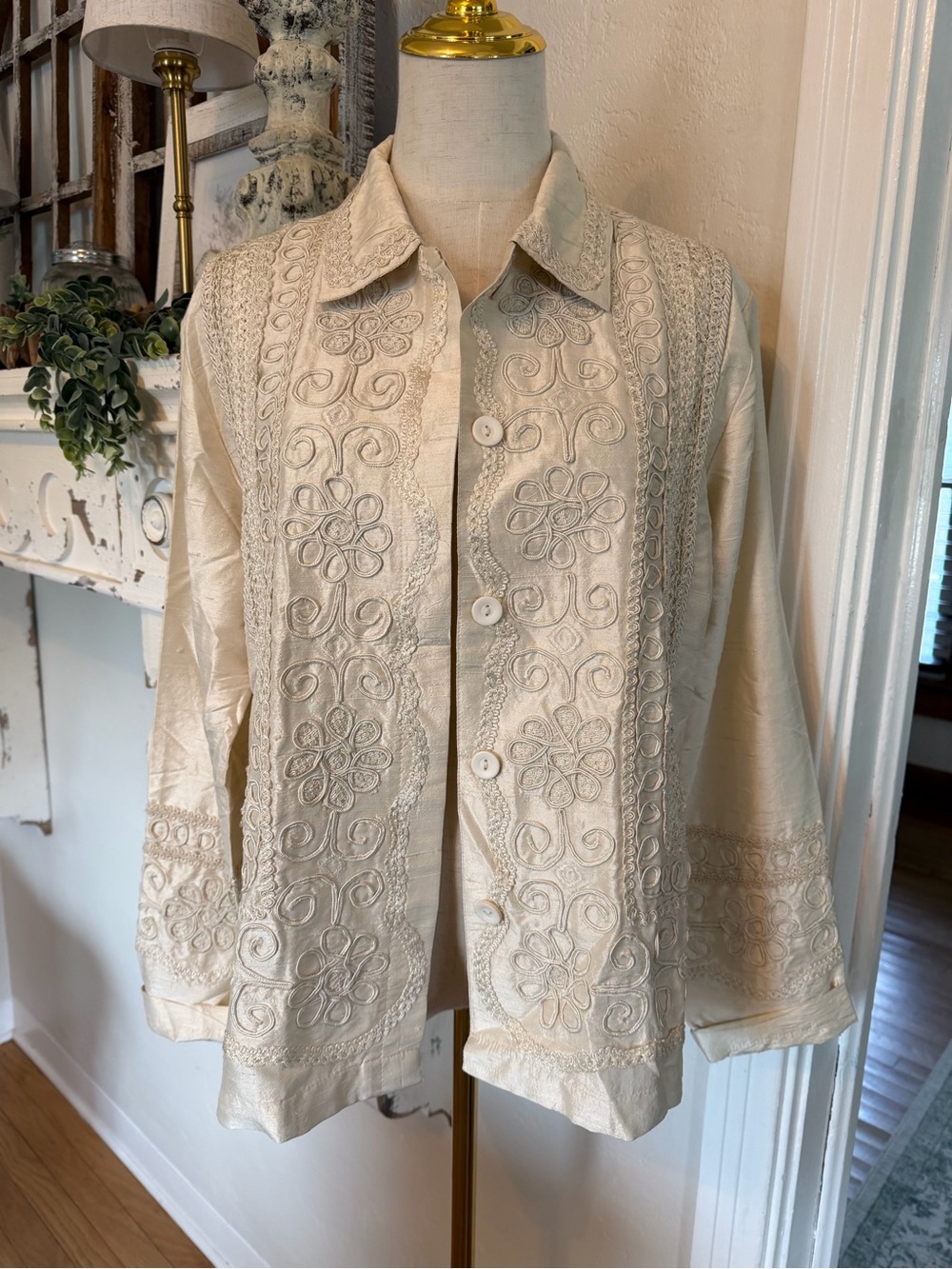 Embroidered Button-Front Womens Jacket - Cream